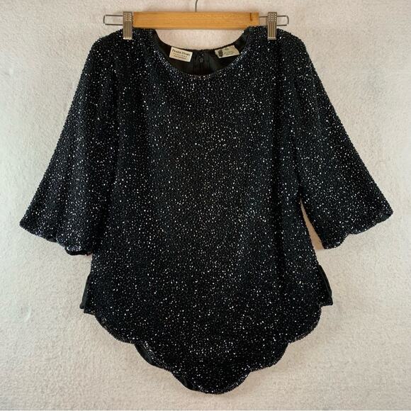 Vintage Tops - Womens Gorgeous Silk Beaded Formal Blouse Sz XS Black Silk Scalloped Hem Lined